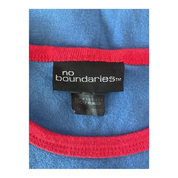 Y2K No Boundaries “Cheer Hottie 02” Tee Juniors L Blue Ringer Shirt Red Trim 100 - Picture 3 of 5